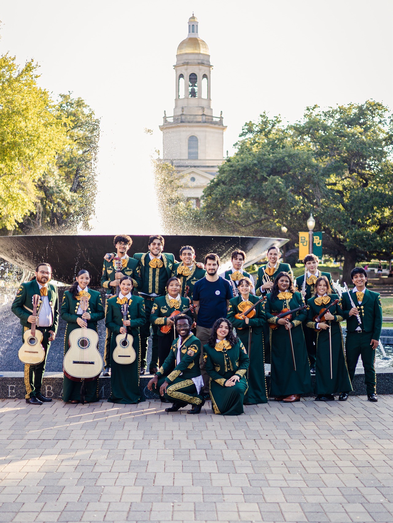 Baylor's Mariachi band poses in front of Fountain Mall